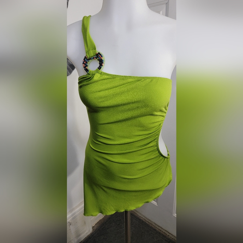 Green Shoulder Scrunch Beaded Buckle Side Opening Sumner Top Size M